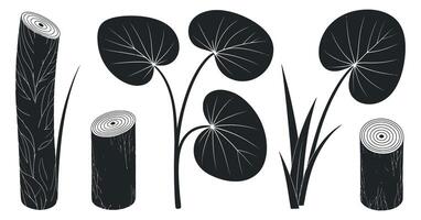 Collection of stylized black and white tree trunk and leaf illustrations vector