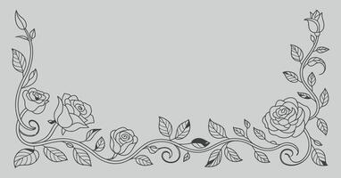 Elegant Black and White Rose Corner Design with Intricate Vines and Leaves vector