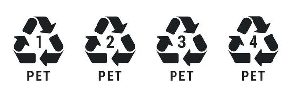 Four Recycling Symbols for PET Plastic with Numbers 1 2 3 and 4 vector