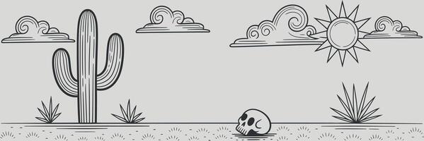 Hand Drawn Desert Scene with Cactus and Skull vector