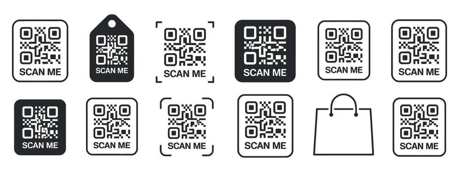 Collection of QR Codes with Scan Me Text in Different Styles vector