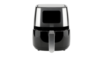 A front view of a black and silver air fryer with a handle on a transparent background png