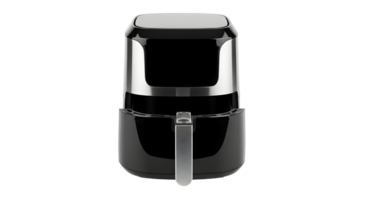 A front view of a black and silver air fryer appliance on a transparent background studio shot png