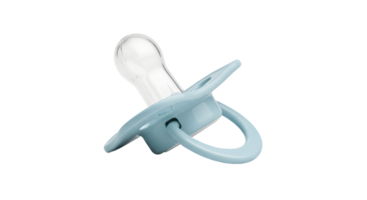 A close up shot of a light blue baby pacifier with a clear nipple on a transparent background png