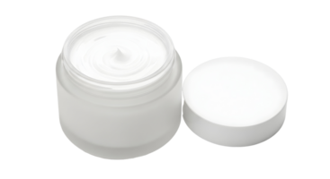 Close up of a small open jar of white cream with the lid next to it on a transparent background png