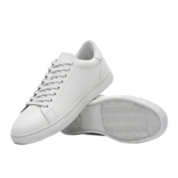A pair of white leather sneakers are stacked on top of each other in a studio shot png