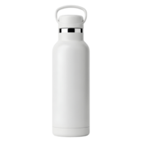 A centered view of a sleek white reusable water bottle with a handle on a transparent background png