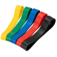 Close up of five colorful resistance bands arranged in a row on a transparent background png