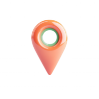 glossy icon location orange 3d pin icon with transparent center indicating position on background. Isolated transparent png