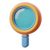 3d icon and glass with colorful frame and transparent lens, symbolizing searching magnifying discovery Isolated png