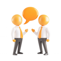 3d icon of Two businessmen characters having a conversation, represented by an orange speech bubble, isolated on transparent background png