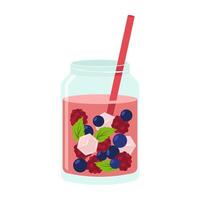 Assorted juice and bubble tea bottles with fruits and straws. Summer cool drinks. vector