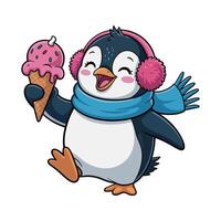 Cute Cartoon Penguin with Pink Ice Cream Cone and Winter Accessories happy penguin character holding ice cream cone penguin cartoon cute ice cream vector