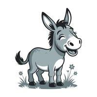 Cute Cartoon Donkey with a Happy Expression in a Grassy Field cheerful cartoon donkey wide smile and closed eyes stands grassy field flowers vector