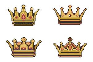 Four Pixel Art Crowns in Gold and Reddish Brown Tones vector