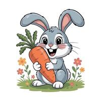 Cute Cartoon Grey Rabbit with a Big Carrot in a Flower Garden cheerful cartoon rabbit holding large carrot surrounded flowers and grass rabbit vector