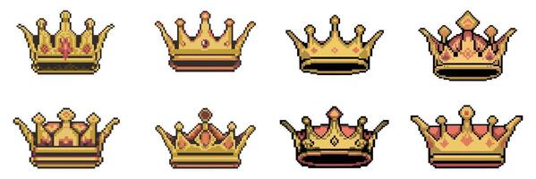 Set of pixel art crowns in gold and red tones on white background vector