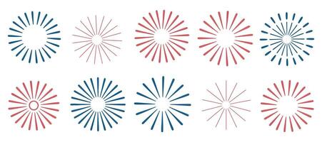 Collection of Simple Fireworks Design Elements in Red and Blue Set radiating firework graphic elements two colors fireworks graphic design graphics firework vector