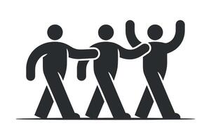 Three stylized figures walking together one giving a high five another assisting Simple graphic three people walking another five people group assistance collaboration vector
