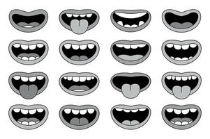 Collection of Various Cartoon Mouth Expressions in Grayscale Set black and gray cartoon mouth shapes with different expressions mouth expressions cartoon mouths animation vector