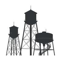 Silhouette of Three Water Towers with Supporting Structures Black and white illustration three water towers water tower silhouette water supply infrastructure tower building vector