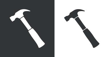 Two contrasting hammer icons in grayscale on a black and white background Simple symmetrical silhouettes light dark gray tones tool construction repair icon vector