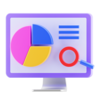 Business illustration concept. computer monitor with chart, magnifier 3d icon isolated. 3d render illustration. png