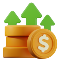 Stack of dollar coins increasing with upward green arrows on transparent background png