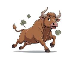 Cartoon Bull Running with Shamrocks A Festive and Energetic Illustration Animated brown bull dynamic running pose surrounded shamrocks bull cartoon animal illustration running vector
