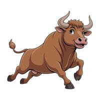 Cartoon Illustration of a Brown Bull in a Running Pose Animated bull with large horns and happy expression bull cartoon animal illustration drawing vector