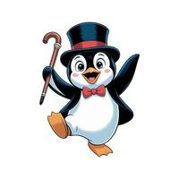 Cute cartoon penguin in a top hat and bowtie holding a cane in a playful pose Happy character with hat bowtie cane cute vector