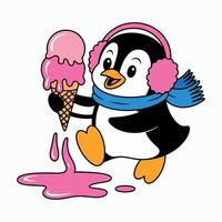 Cute Penguin with a Melting Ice Cream Cone in Cartoon Style cartoon penguin wearing earmuffs and scarf holds dripping ice cream cone penguin vector