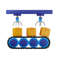 Robotic arms moving boxes on conveyor belt in transparent background png