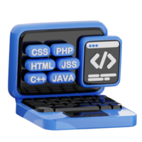 3D laptop with coding languages png
