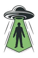 Silhouette of a Person Being Taken by an Extraterrestrial Flying Object person being beamed flying saucer Green light beam and silhouette style ufo vector