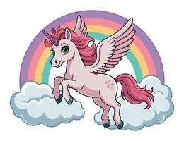 Adorable winged unicorn soaring through a colorful rainbow and fluffy clouds Cute cartoon with wings flying above clouds cartoon cute flying fantasy illustration vector