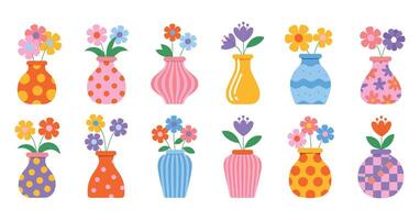 Collection of Colorful Flower Vases with Vibrant Floral Arrangements Twelve colorful vases each holding bouquet flowers various patterns and colors vases flowers floral vector