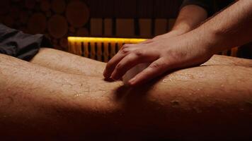 Massaging Male Legs By Ice Cubes In Sauna, Contrast Of Temperature, Closeup View, Healthy Life video