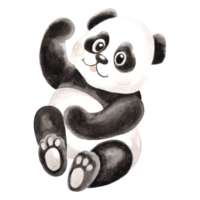 Cute baby panda climbing watercolor illustration for baby design. Hand drawn isolated funny little chinese bear in black and white color. Smiling adorable character in sketch style for childrens theme png