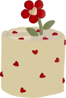 a charming cylindrical cake, light yellow in color, adorned with numerous scattered red heart shapes. png