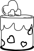 a black and white outline drawing of a charming cake, perfect for a coloring activity or simple graphic design. png