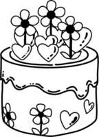 The cake is adorned with delightful decorations including three flowers and three heart shapes, some seemingly emerging from the top. png