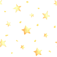 Little gold stars seamless watercolor pattern for baby desings. Hand drawn illustration from yellow funny smiling character in star shape. Playfull celestial background in kids fairy dreams style png