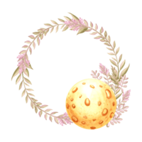 Moon with wild flowers twigs watercolor illustration. Spring round frame with full moon phase. Template postcard with copy space. Blossom plant wreath of spring. Botanical floral celestial background. png