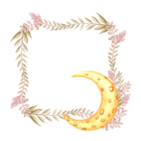 Crescent with wild flowers twigs watercolor illustration. Spring square frame with moon phase. Template postcard with copy space. Purple blossom plant of spring. Botanical floral celestial background. png