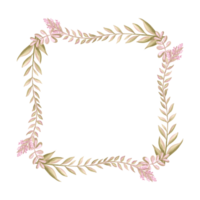 Wild flowers twig with green leaves. Spring square frame frame, border. Template with copy space. Purple blossom of spring. Botanical floral background Clipart for wedding, postcard, print, textile. png