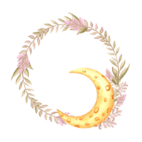 Crescent with wild flowers twigs watercolor illustration. Spring round frame with moon phase. Template postcard with copy space. Blossom plant wreath of spring. Botanical floral celestial background. png