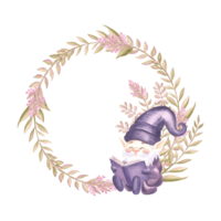Frame with reading gnome and flower sprigs watercolor illustration. Hand drawn isolated spring wreath. Floral background with elf for baby design. Template postcard with copy space childrens theme. png