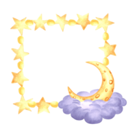 Frame with crescent moon and stars watercolor illustration for baby desings. Hand drawn isolated square border from yellow sparkle. Background in kids fairy dreams style. Template with copy space. png