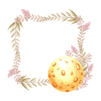 Moon with wild flowers twig watercolor illustration. Spring square frame with full moon phase. Template postcard with copy space. Purple blossom plant of spring. Botanical floral celestial background. png